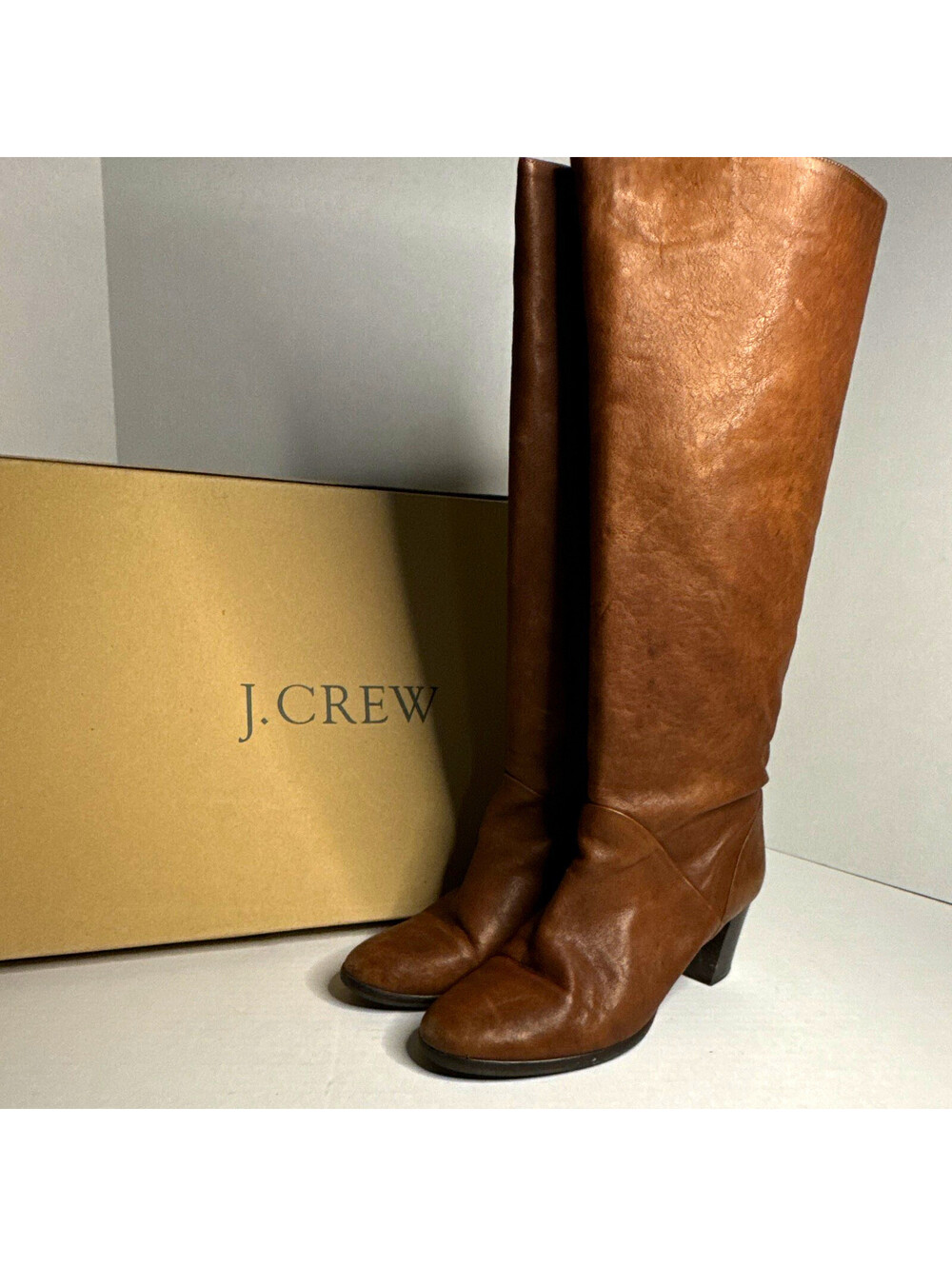 J.Crew Sutton Brown Leather Knee High Riding Boots Almond Toe Pull On US 9 EU 39